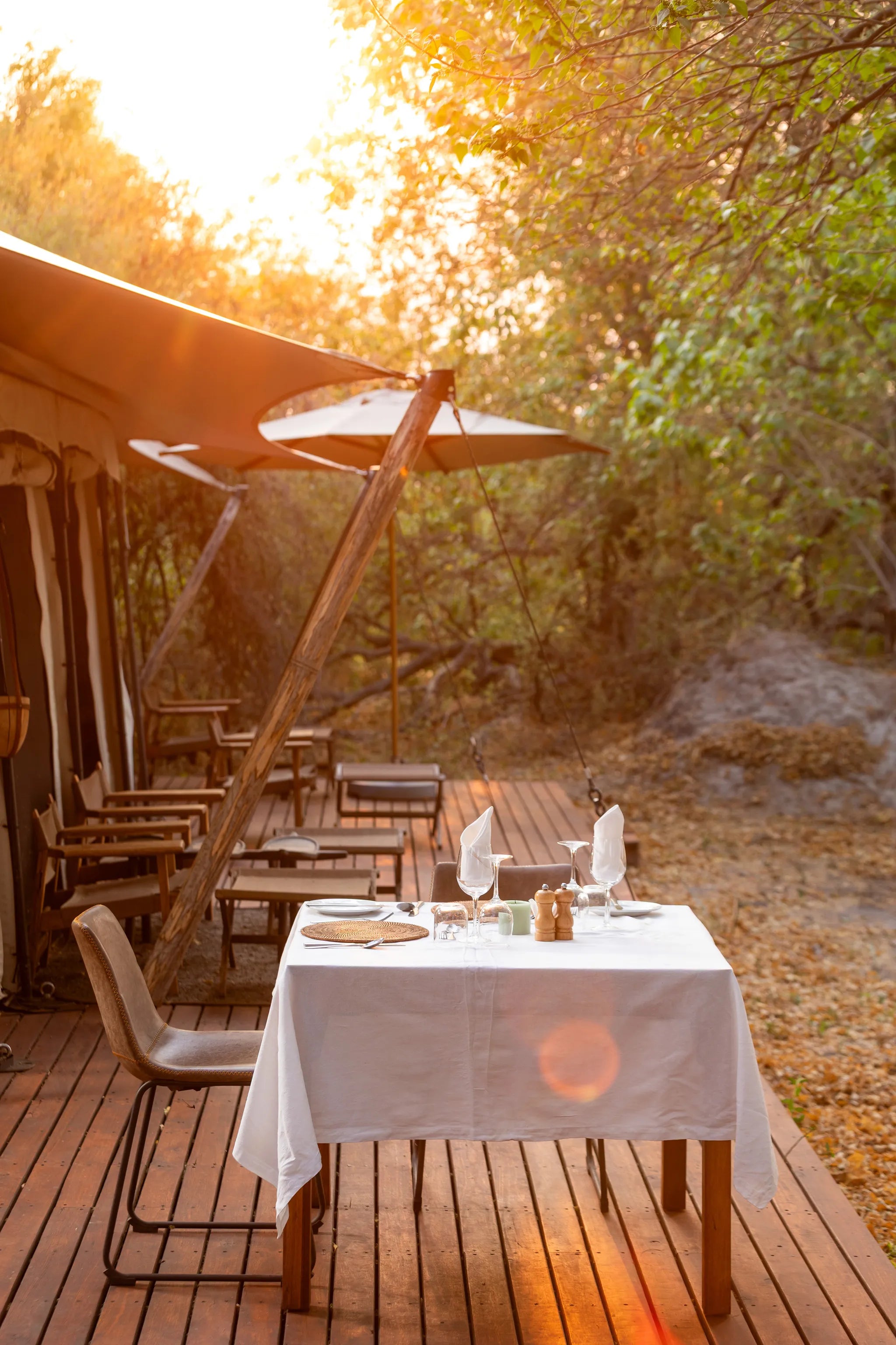Amber River Camp Private Dining at Amber River Camp, Okavango Delta, Botswana.