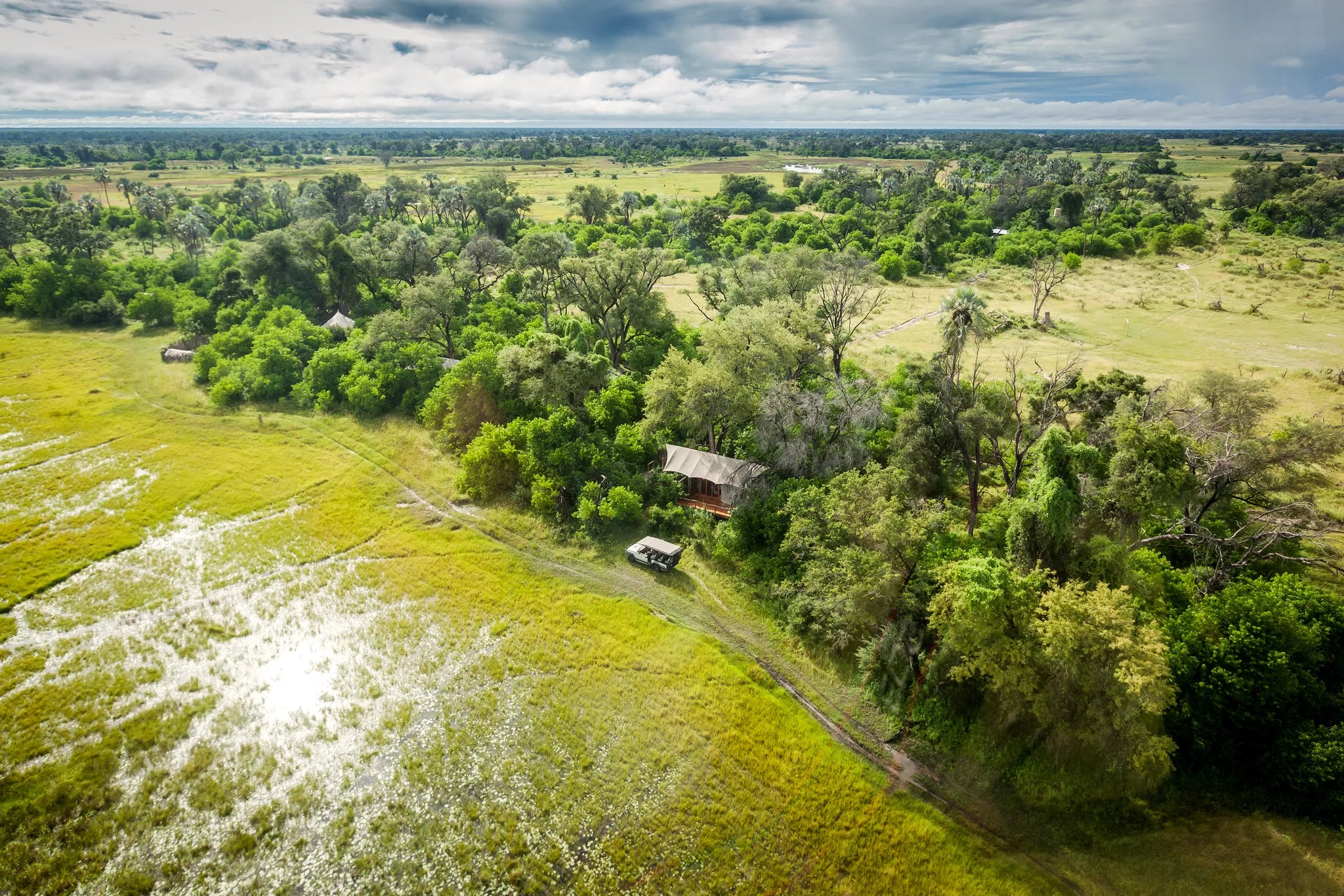 Ariel View at Amber River Camp, Okavango Delta, Botswana.