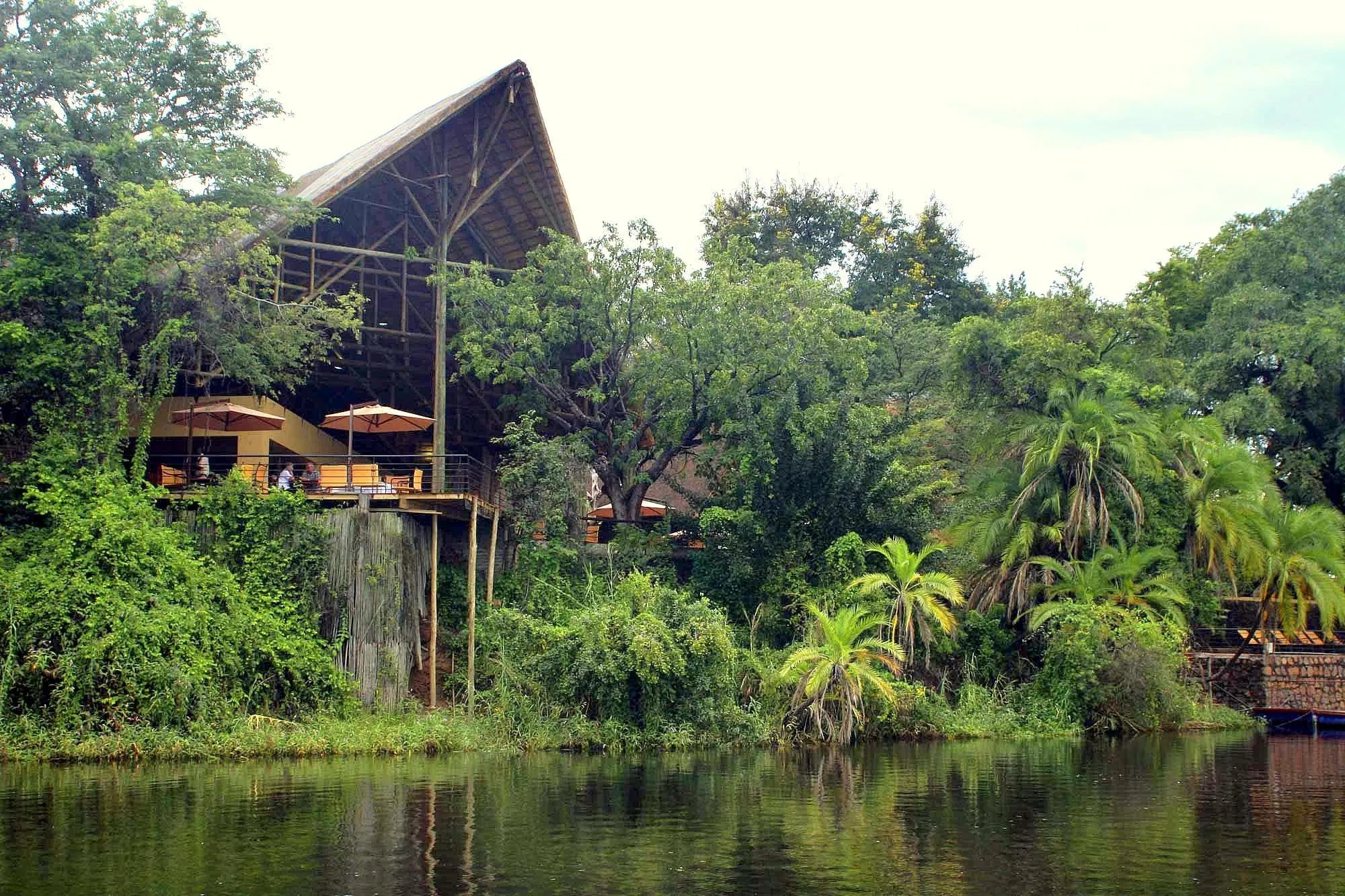 Chobe Safari Lodge from the river at The Chobe Safari Lodge, Kasane, Botswana.