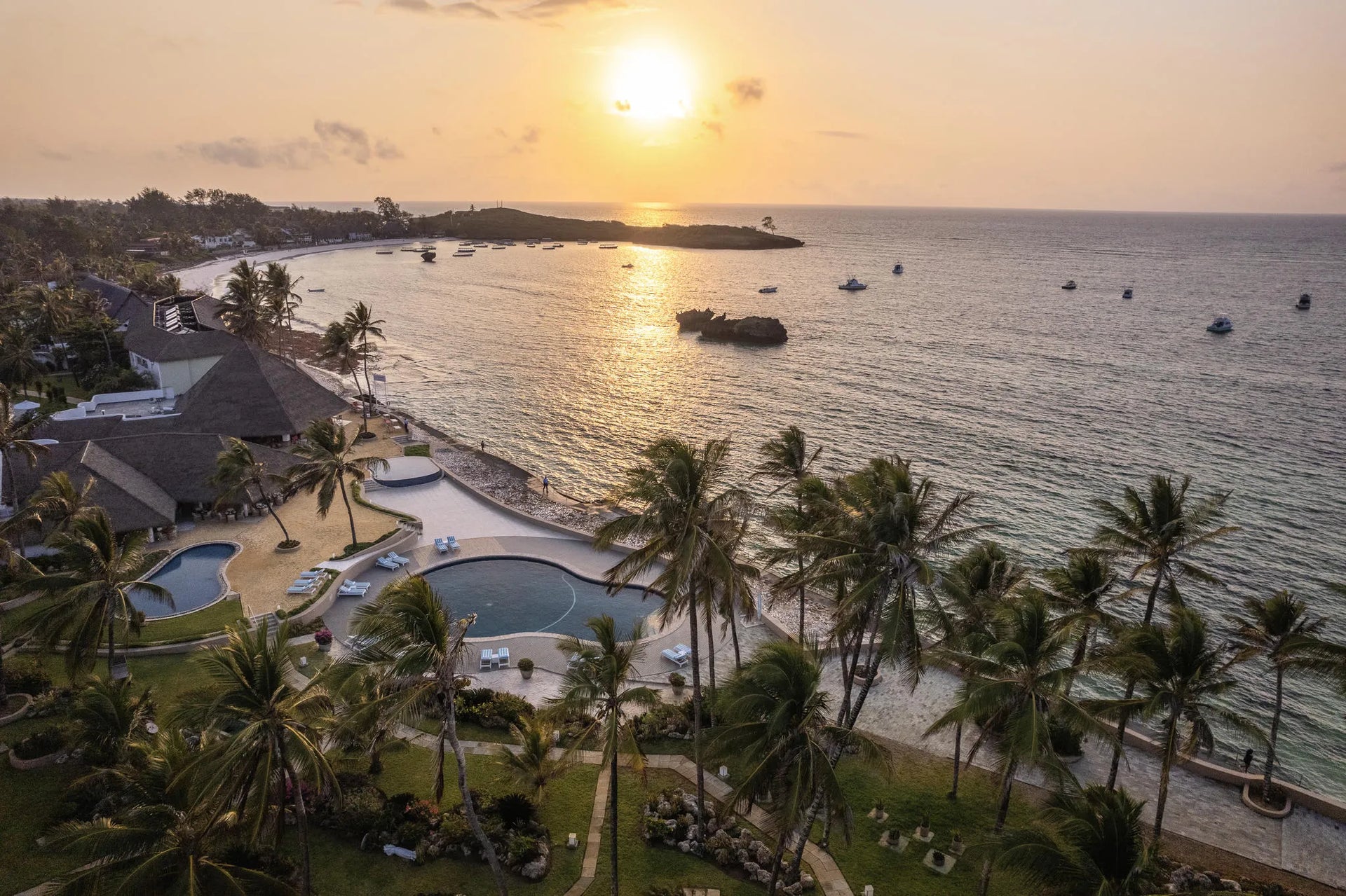 Hemingways Sunset Aerial View at Hemingways Watamu, Watamu, Kenya.