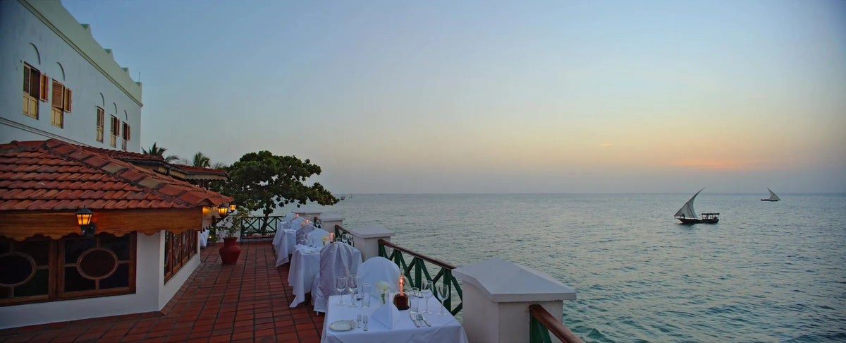 Restaurant terrace at Zanzibar Serena Hotel, Stone Town, Tanzania.