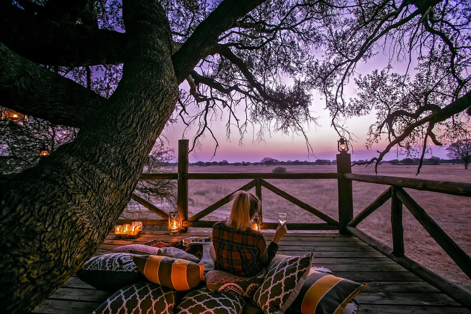 Dove's Nest Treehouse Sunset at The Hide Safari Camp, Hwange National Park, Zimbabwe.