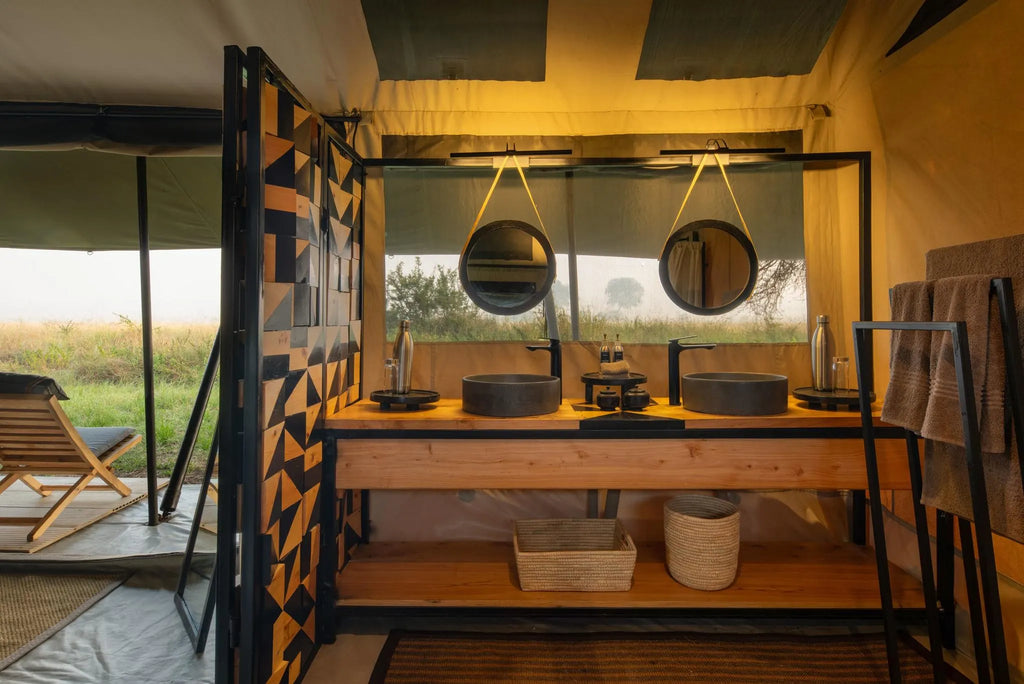 Ubuntu Camp - Double vanity in bathroom at Ubuntu Migration Camp - North (June - Nov), Northern Serengeti, Tanzania.