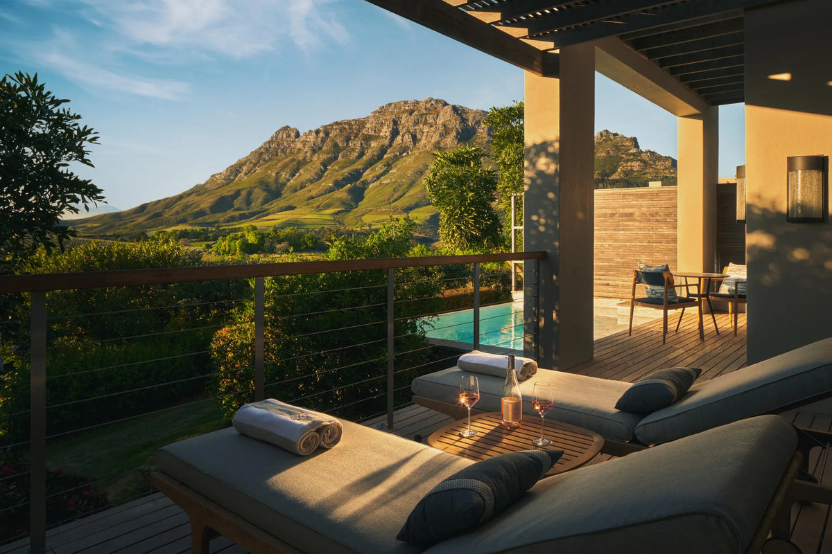Delaire Graff Estate Luxury Lodge Terrace at Delaire Graff Lodges & Spa, Stellenbosch, South Africa.
