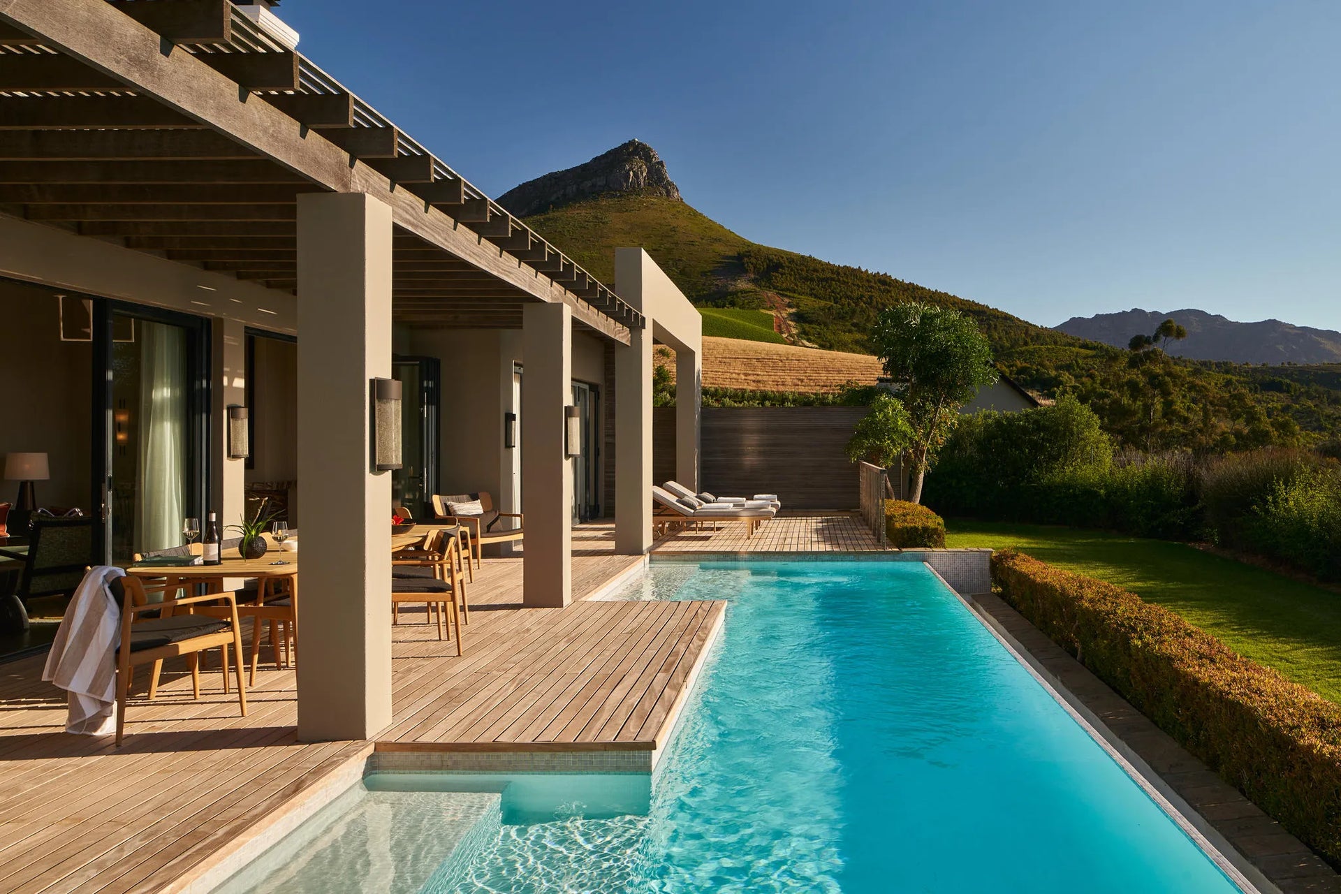 Presidential Lodge 1 Pool Deck at Delaire Graff Lodges & Spa, Stellenbosch, South Africa.