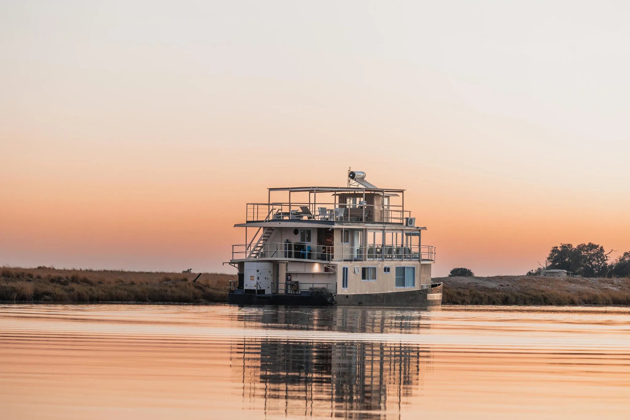 Chobe Princess at sunset at Chobe Princess By Mantis, Chobe River Front Namibia, Namibia.