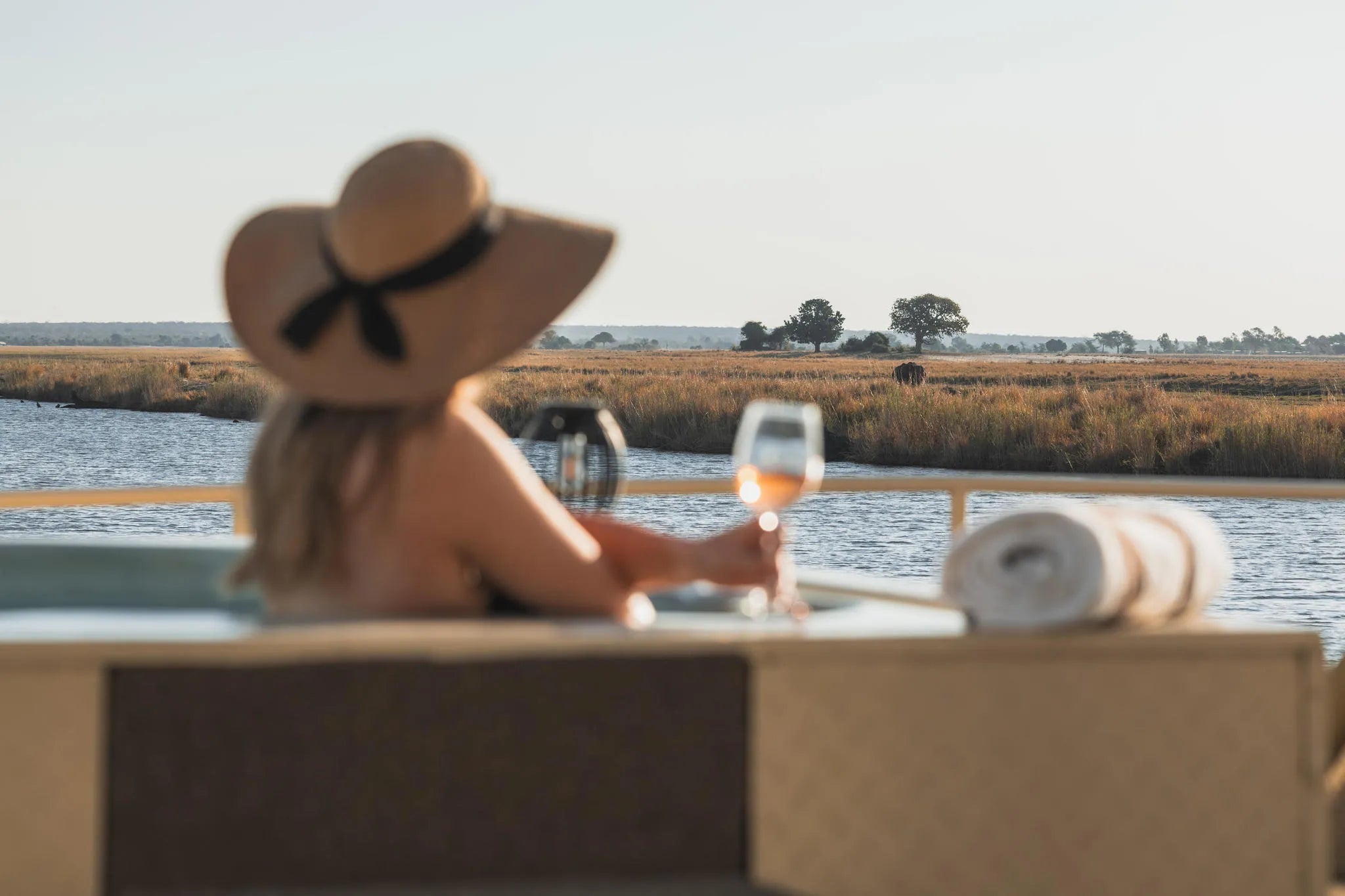 Chobe Princess Guest in Plunge pool at Chobe Princess By Mantis, Chobe River Front Namibia, Namibia.