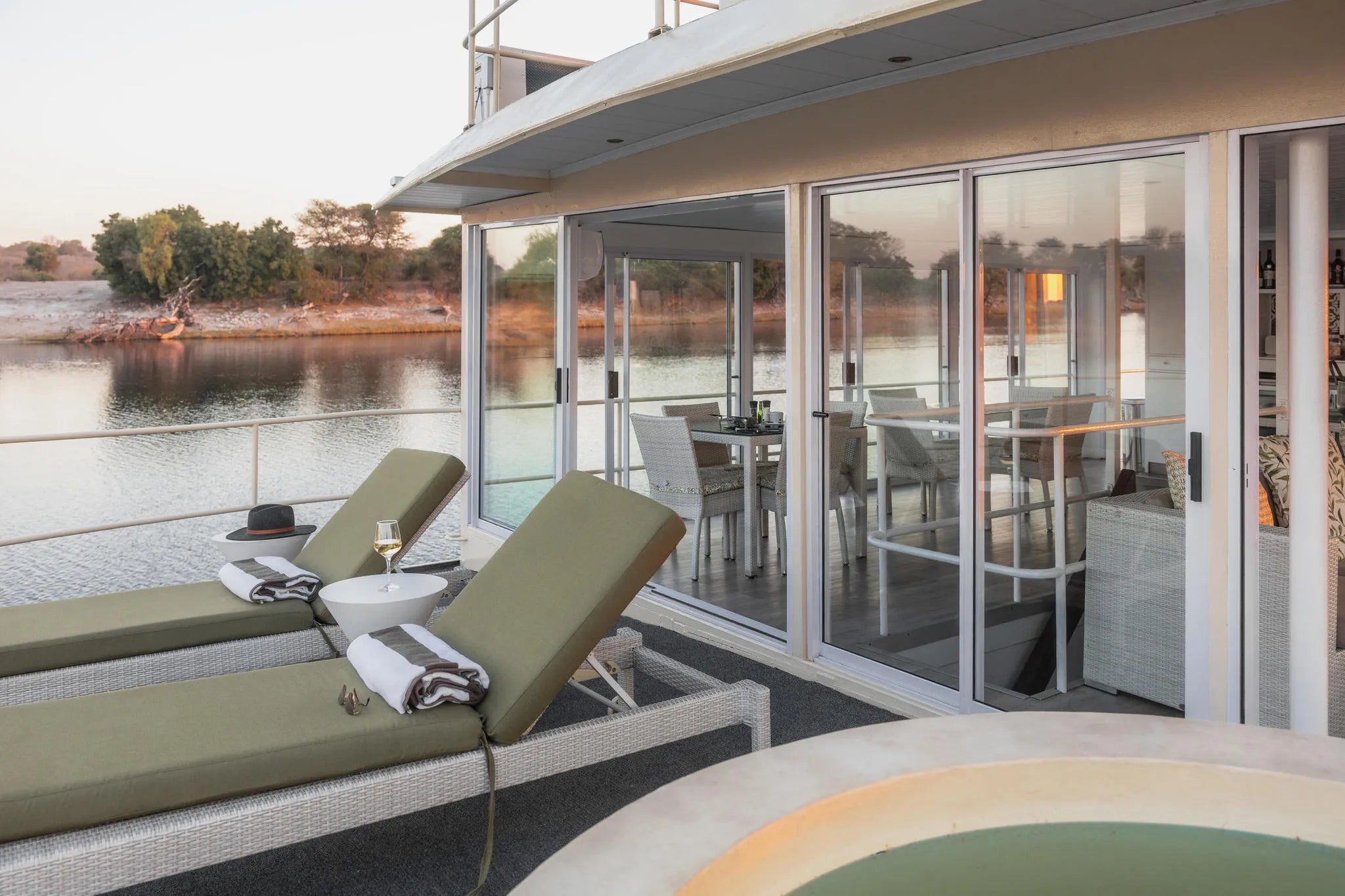 Chobe Princess Pool loungers and Plunge Pool 1 at Chobe Princess By Mantis, Chobe River Front Namibia, Namibia.