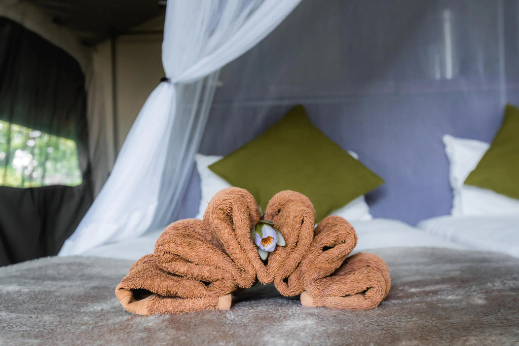 Towel decorations at Nkasa Lupala Tented Lodge, Nkasa Rupara National Park, Namibia.