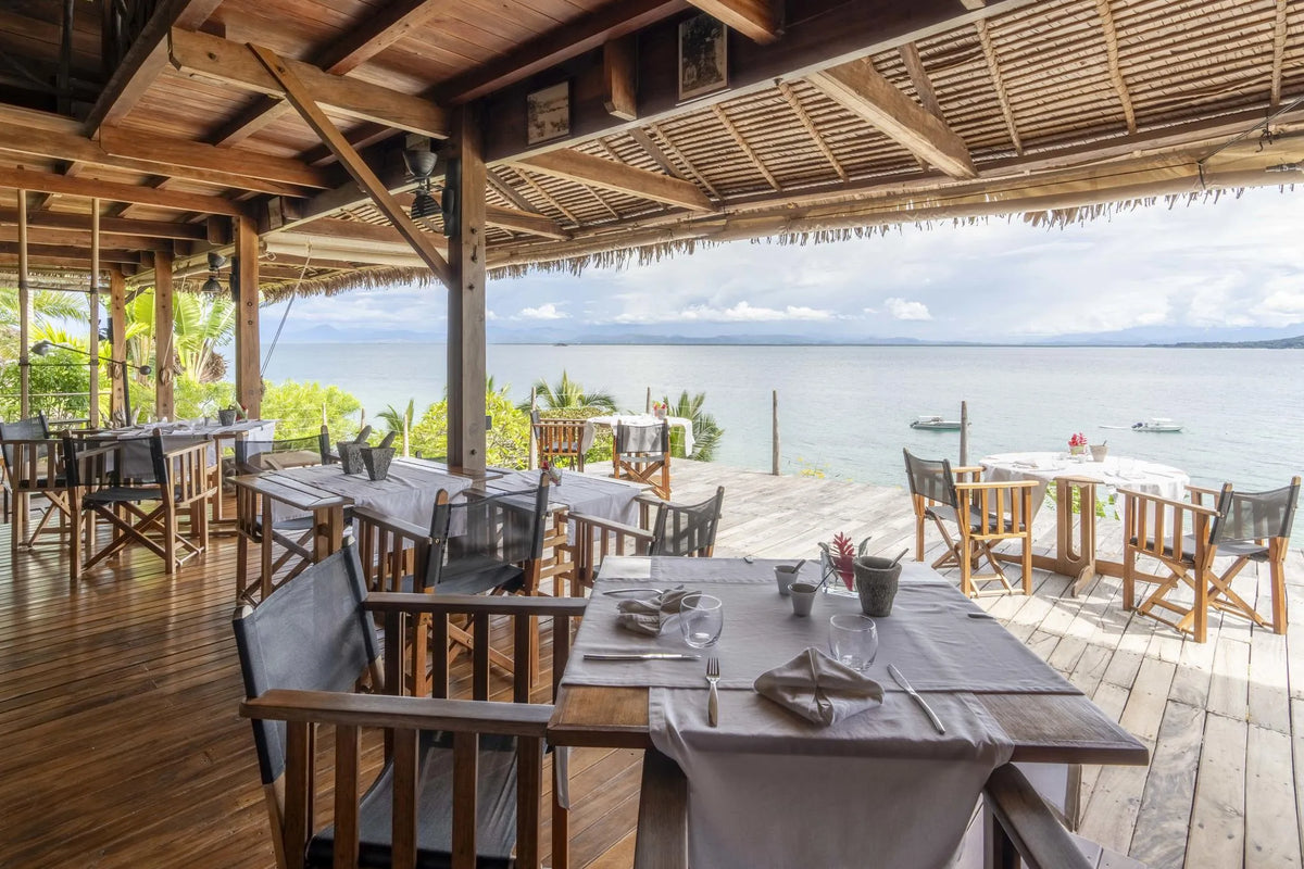 The main area overlooking the bay at Time + Tide Tsara Komba, Nosy Komba, Madagascar.