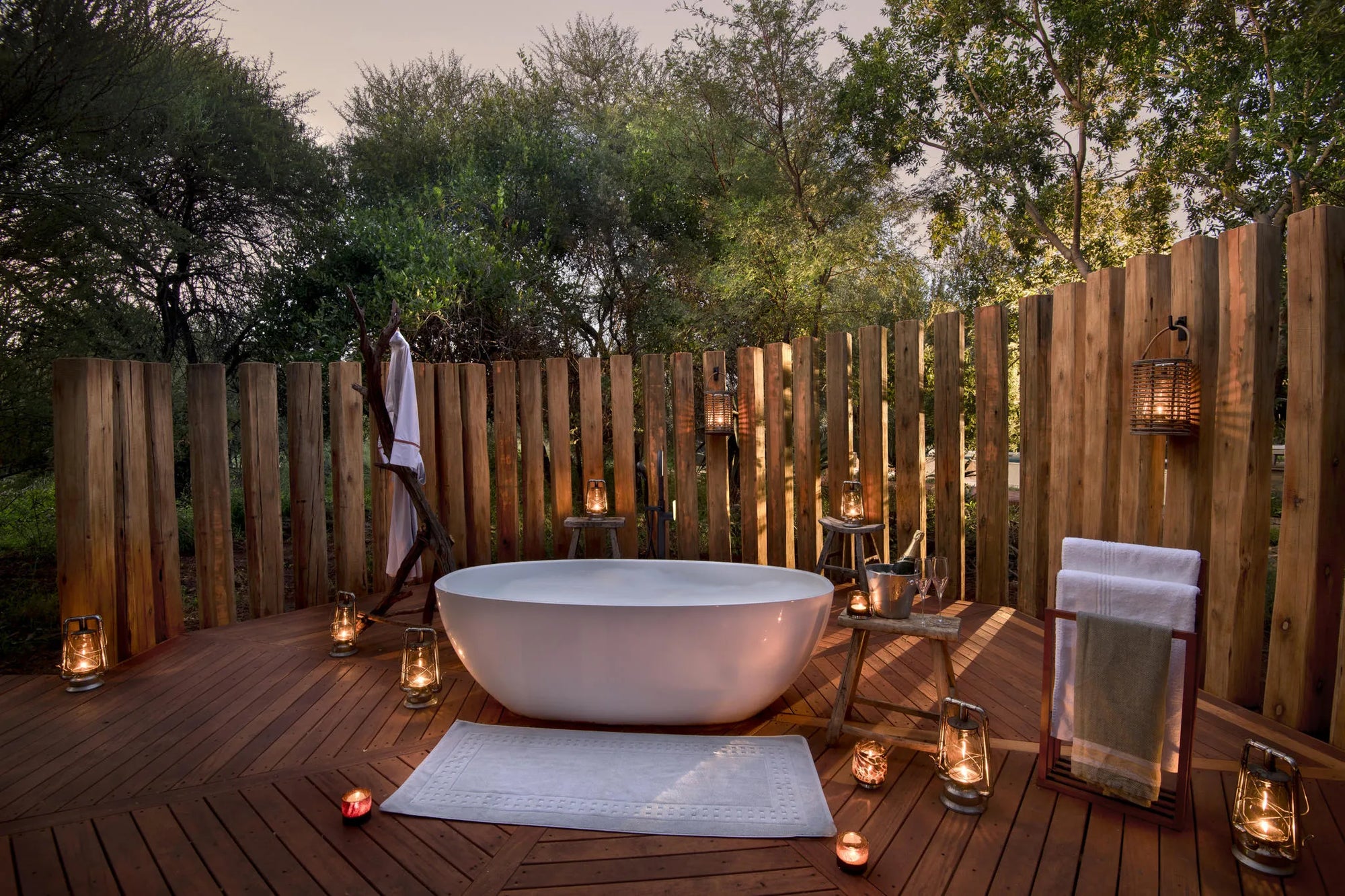 Morukuru Farm House - outdoor bath at room nr 5 at Morukuru Farm House, Madikwe Game Reserve, South Africa.