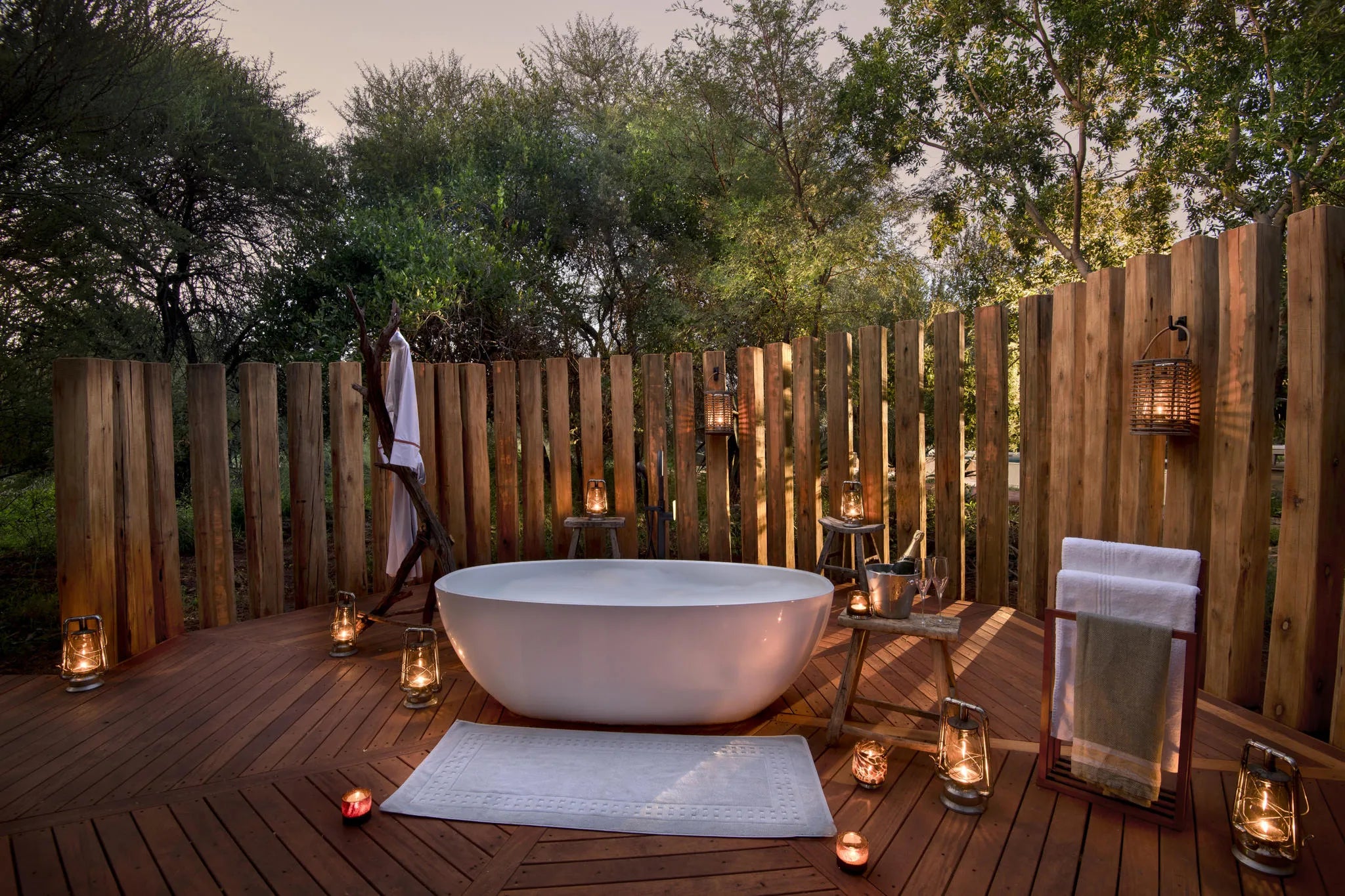 Morukuru Farm House - outdoor bath at room nr 5 at Morukuru Farm House, Madikwe Game Reserve, South Africa.