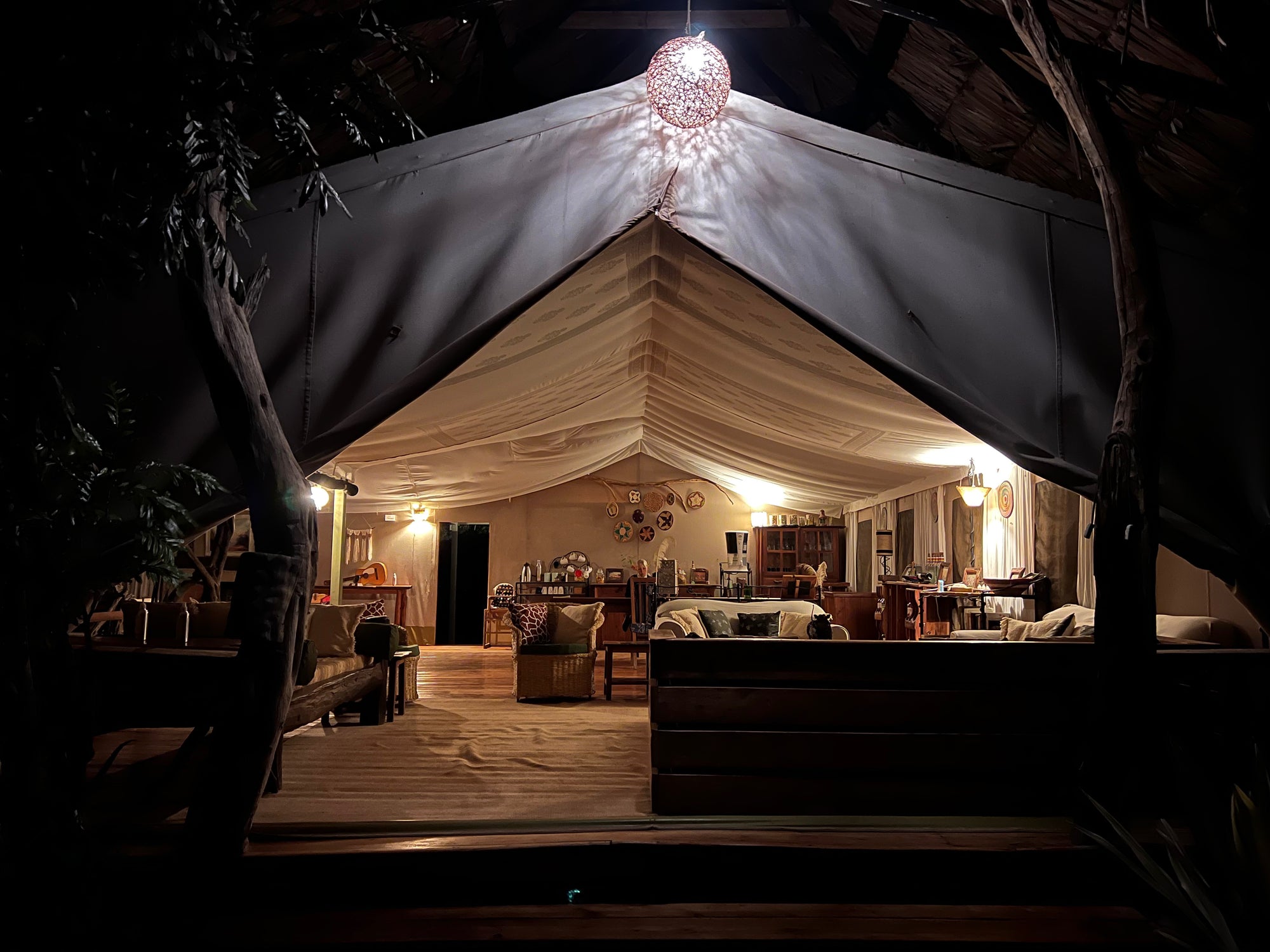 Night shot of the mess tent