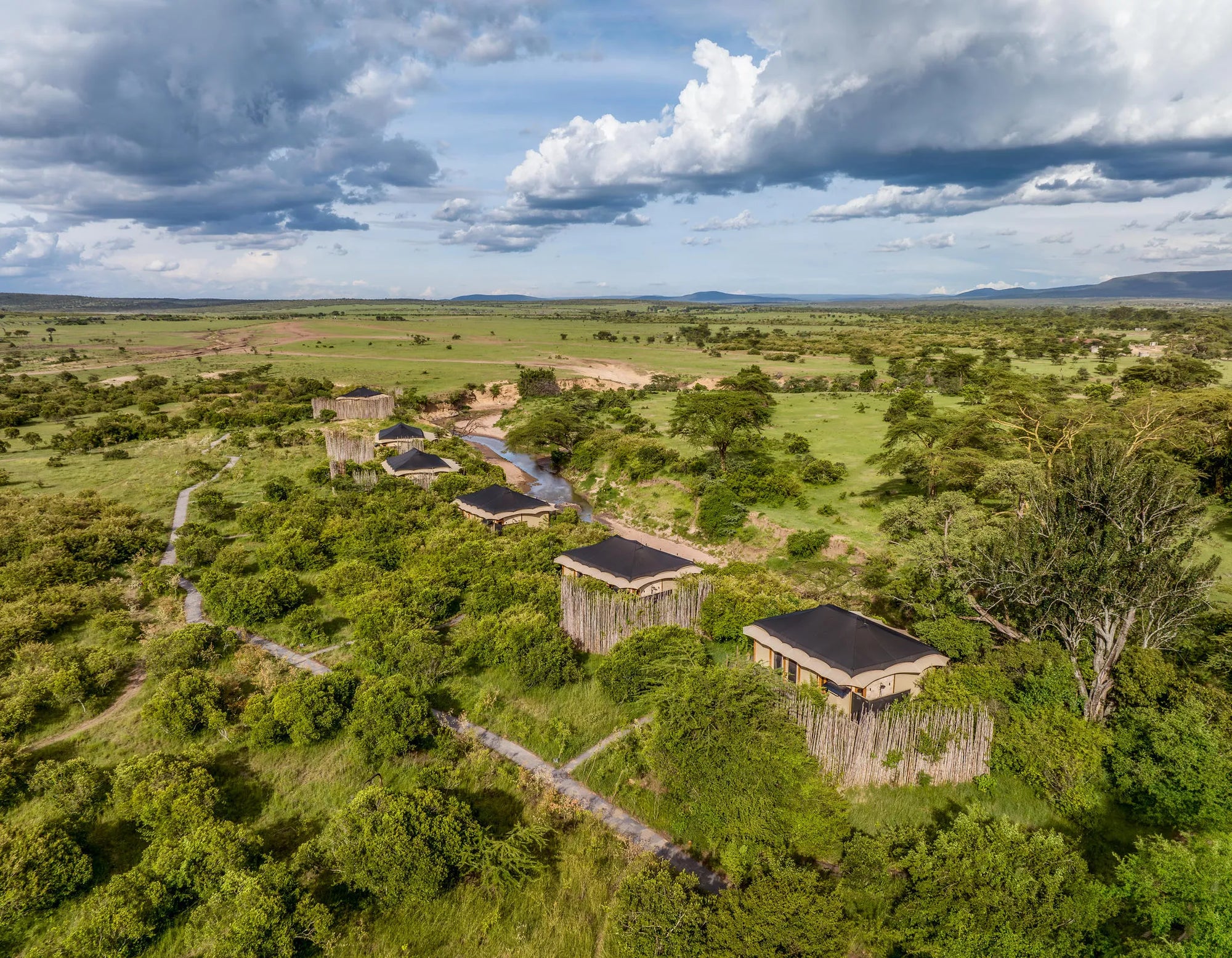 Aerial view of the tents at JW Marriott Masai Mara Lodge, Masai Mara, Kenya.