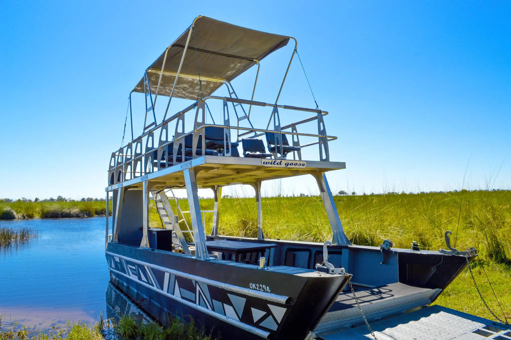 Sitatunga's Edge Double-Decker Pontoon at MmaTsebe Tented Camp , Khwai, Botswana.