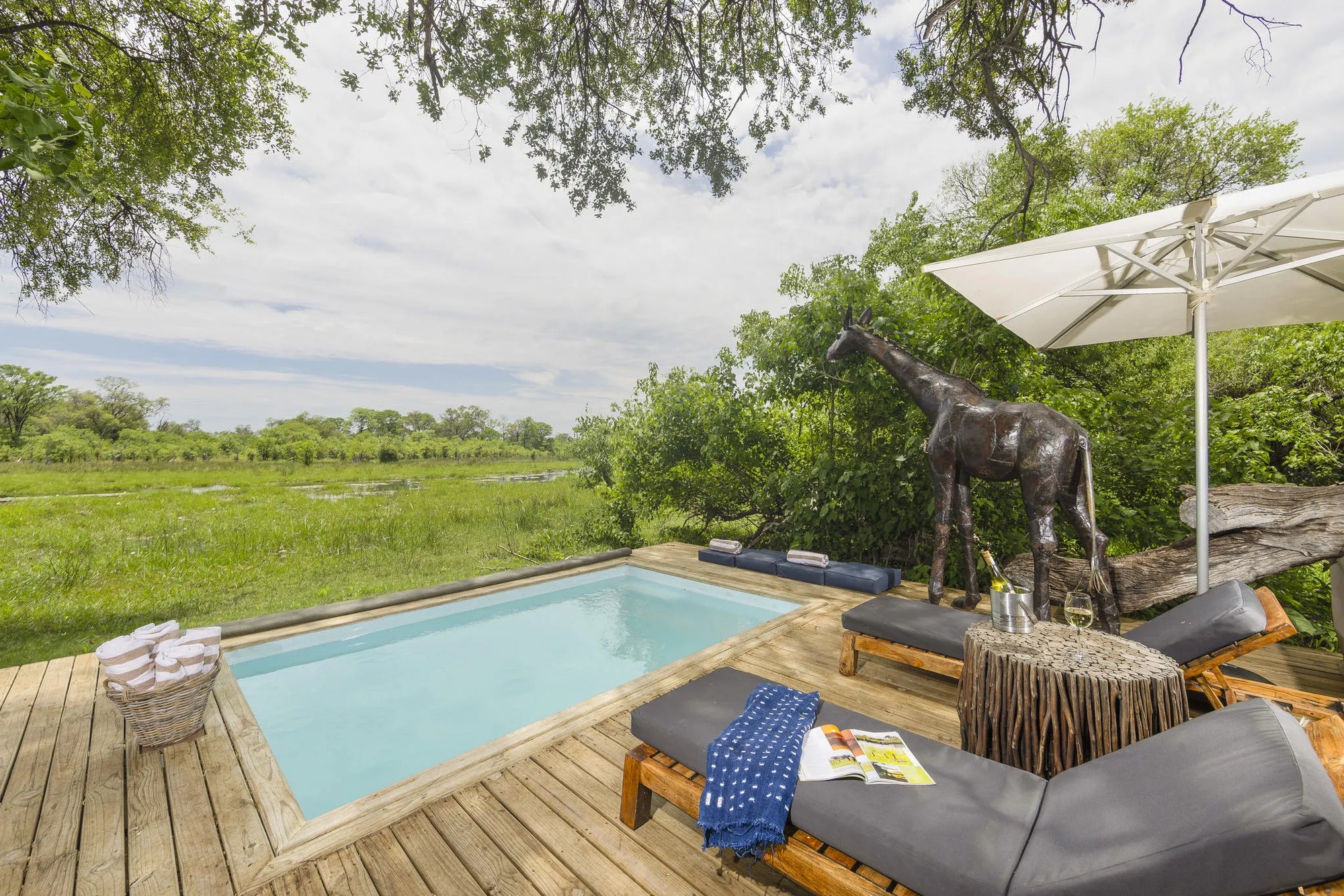 MmaTsebe's Pool & Giraffe Shower at MmaTsebe Tented Camp , Khwai, Botswana.