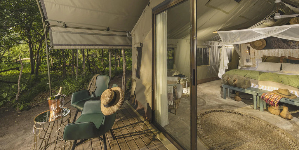 MmaTsebe's Tent: Interior & Private Deck at MmaTsebe Tented Camp , Khwai, Botswana.