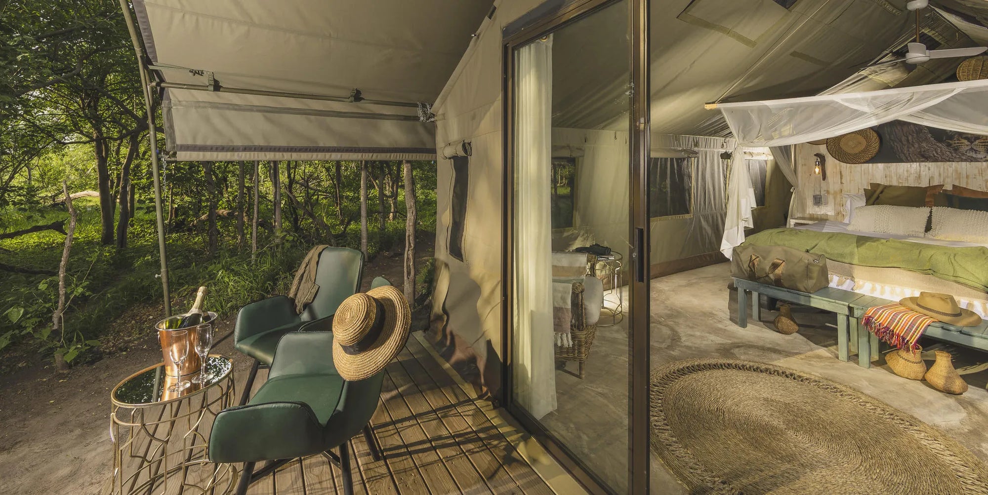 MmaTsebe's Tent: Interior & Private Deck at MmaTsebe Tented Camp , Khwai, Botswana.