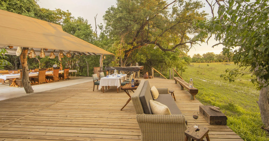 MmaTsebe: Main Deck overlooking the Mbudi River at MmaTsebe Tented Camp , Khwai, Botswana.