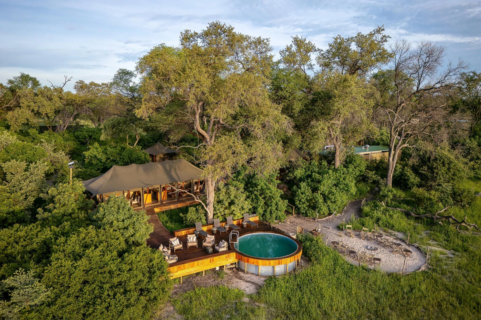 Karangoma - camp (main area aerial) at Karangoma, Okavango Delta, Botswana.