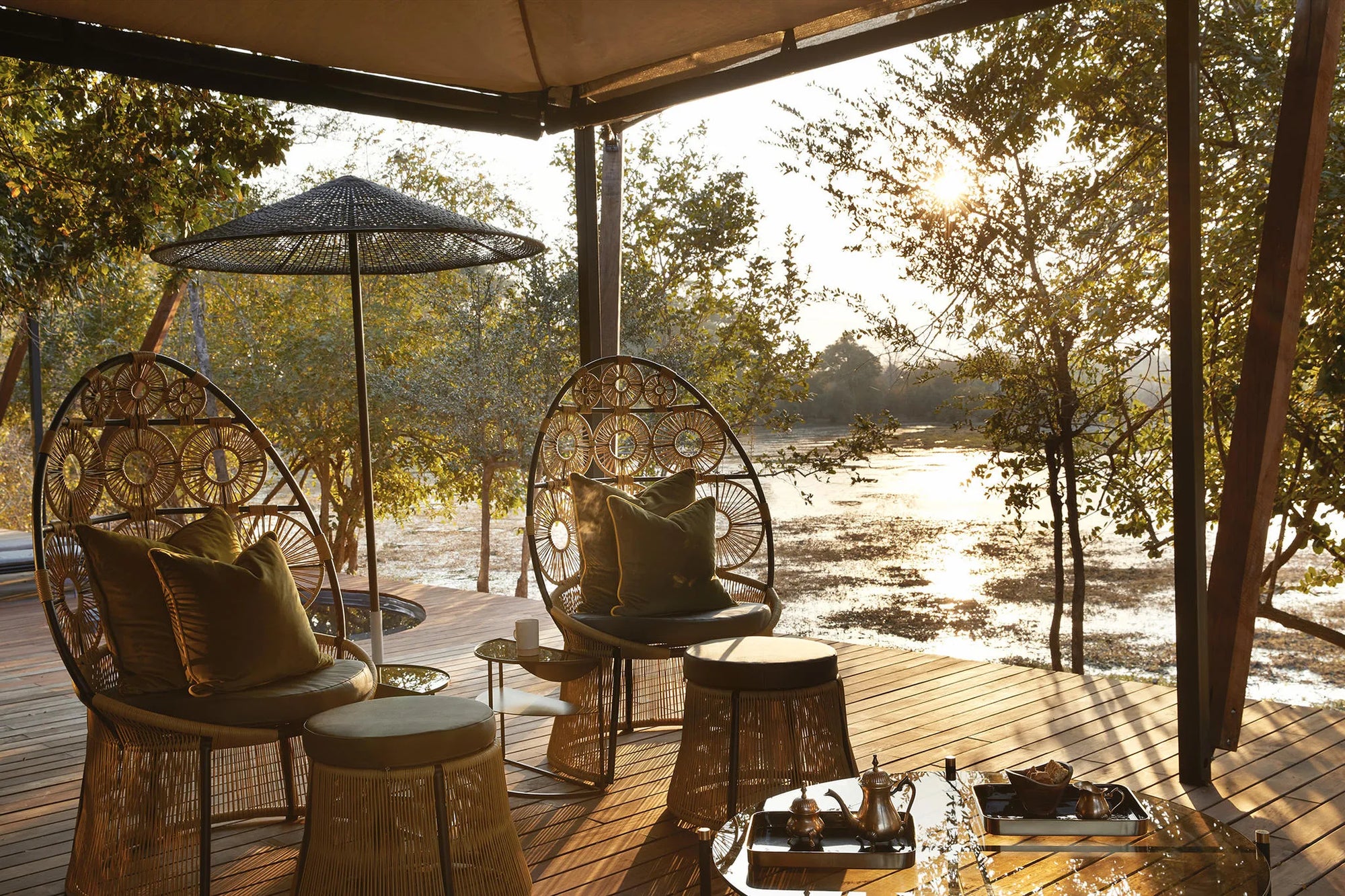 Villa Style Tented Suite Deck overlooking the Pan at Molori Mashuma, Mana Pools National Park, Zimbabwe.