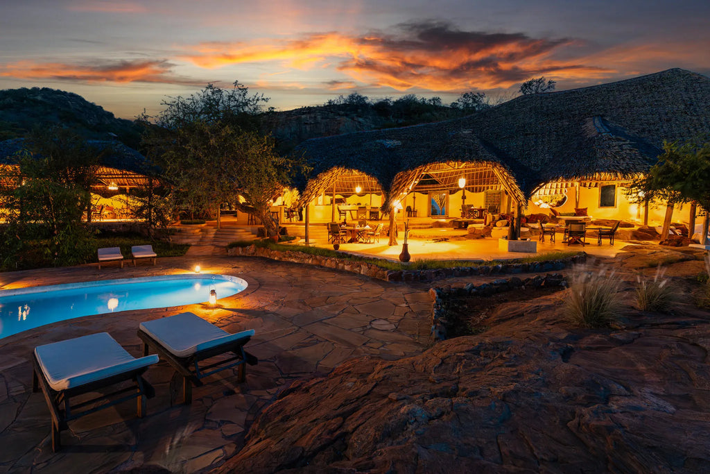 Kipalo Hills, mess area, pool, sunset at Kipalo Hills, Tsavo West National Park, Kenya.