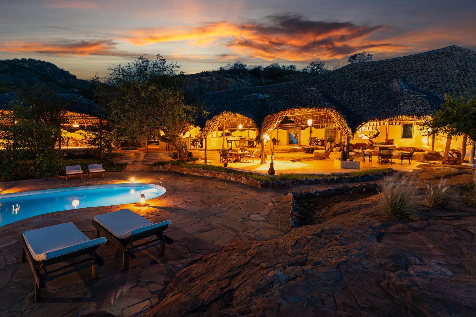 Kipalo Hills, mess area, pool, sunset at Kipalo Hills, Tsavo West National Park, Kenya.