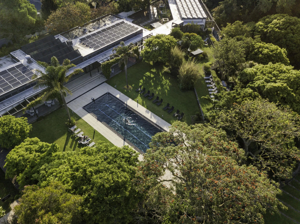 Aerial with solar panels at Vineyard Hotel, Cape Town, South Africa.