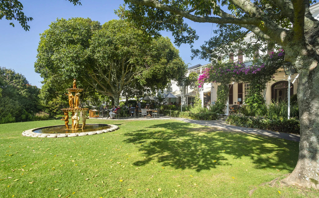 Lawns and fountain at Vineyard Hotel, Cape Town, South Africa.