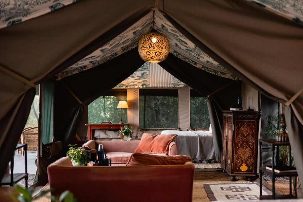 Family Tent Iounge area at Hemingways River Camp Mara, Mara North Conservancy, Kenya.