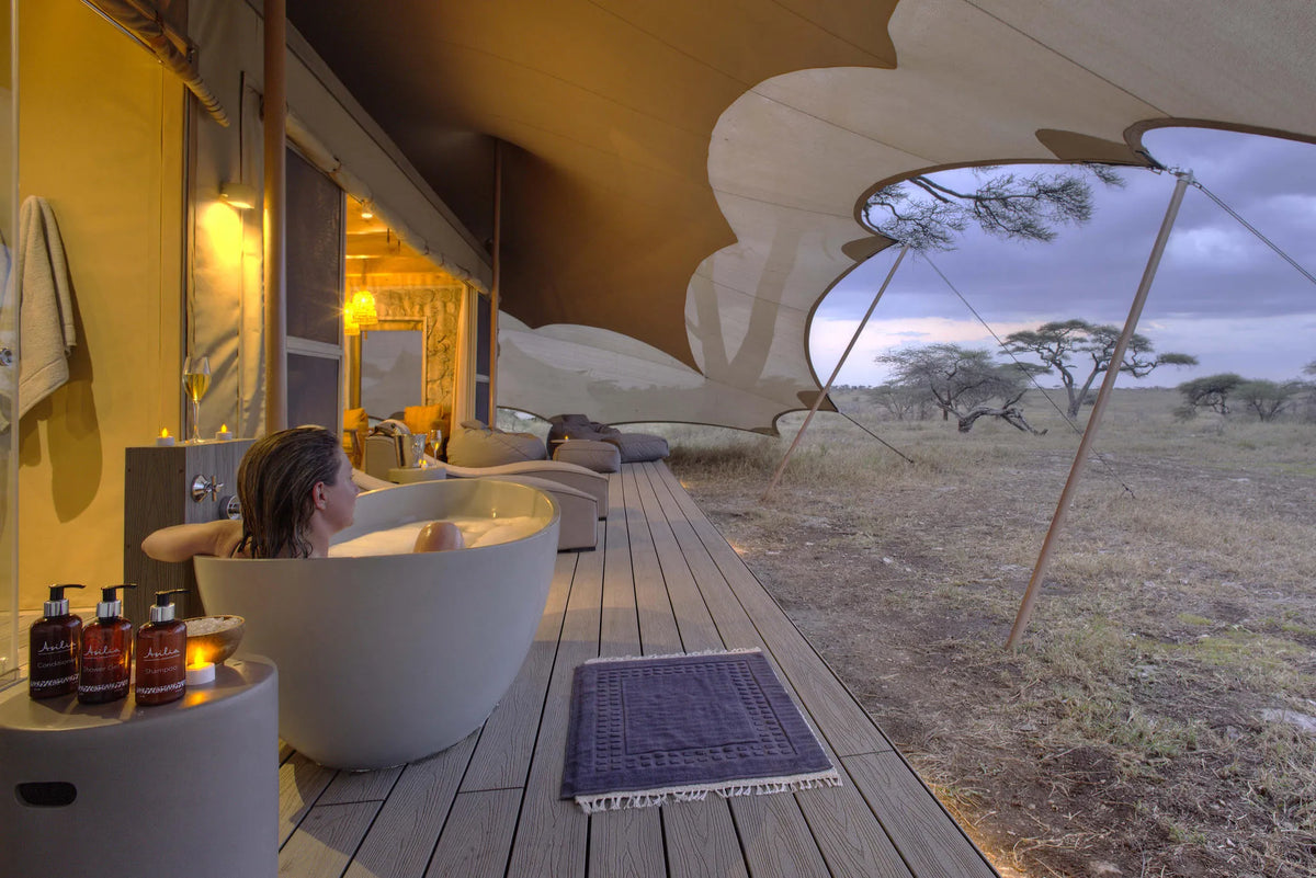 Namiri Plains - Tent Deck Bathtub at Namiri Plains Camp, Eastern Serengeti, Tanzania.