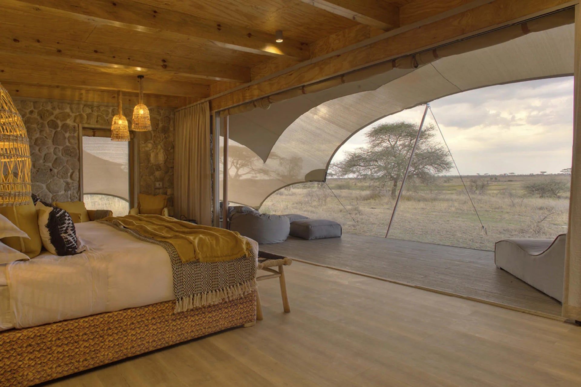 Namiri Plains - Tent Interior Looking Out On To the Plains at Namiri Plains Camp, Eastern Serengeti, Tanzania.