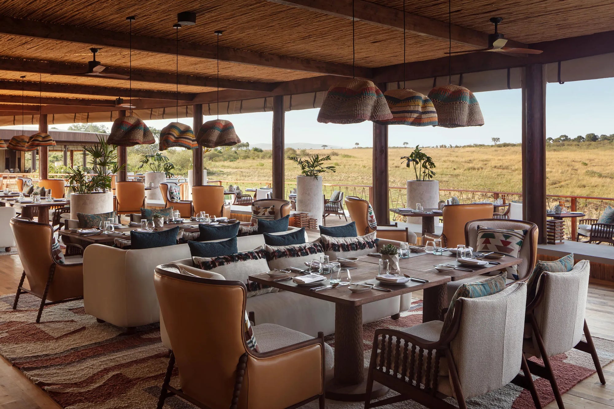Nest Restaurant at The Ritz-Carlton, Masai Mara Safari Camp, Masai Mara National Reserve, Kenya.