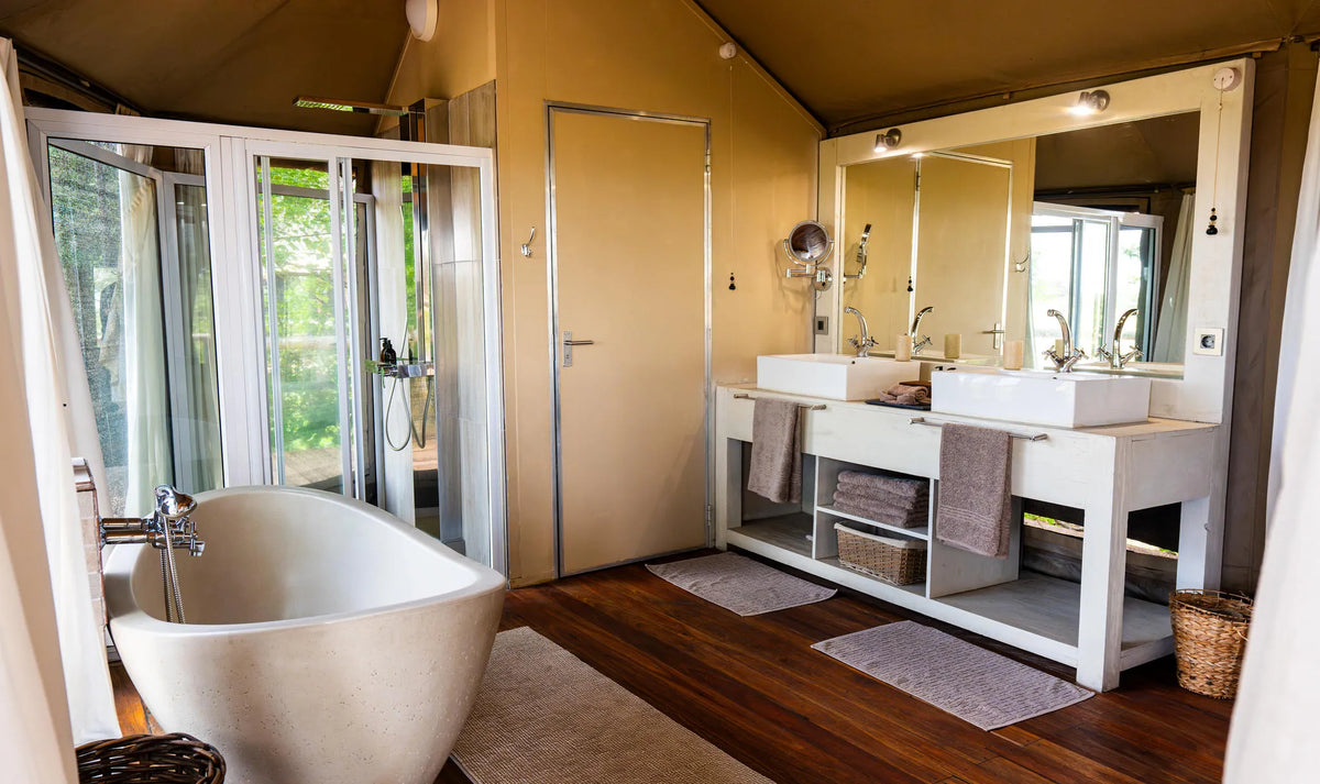 Nambwa Tented Lodge Bathroom at Nambwa Tented Lodge, Bwabwata National Park, Namibia.
