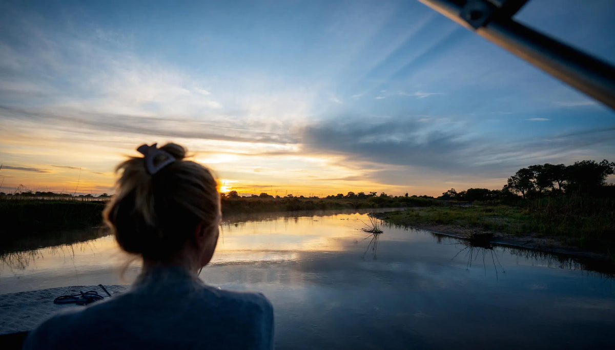 Sunset on the Kwando River at Nambwa Tented Lodge, Bwabwata National Park, Namibia.