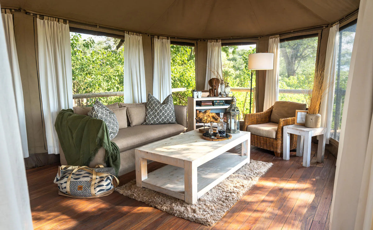 Nambwa Tented Lodge Suite Lounge at Nambwa Tented Lodge, Bwabwata National Park, Namibia.