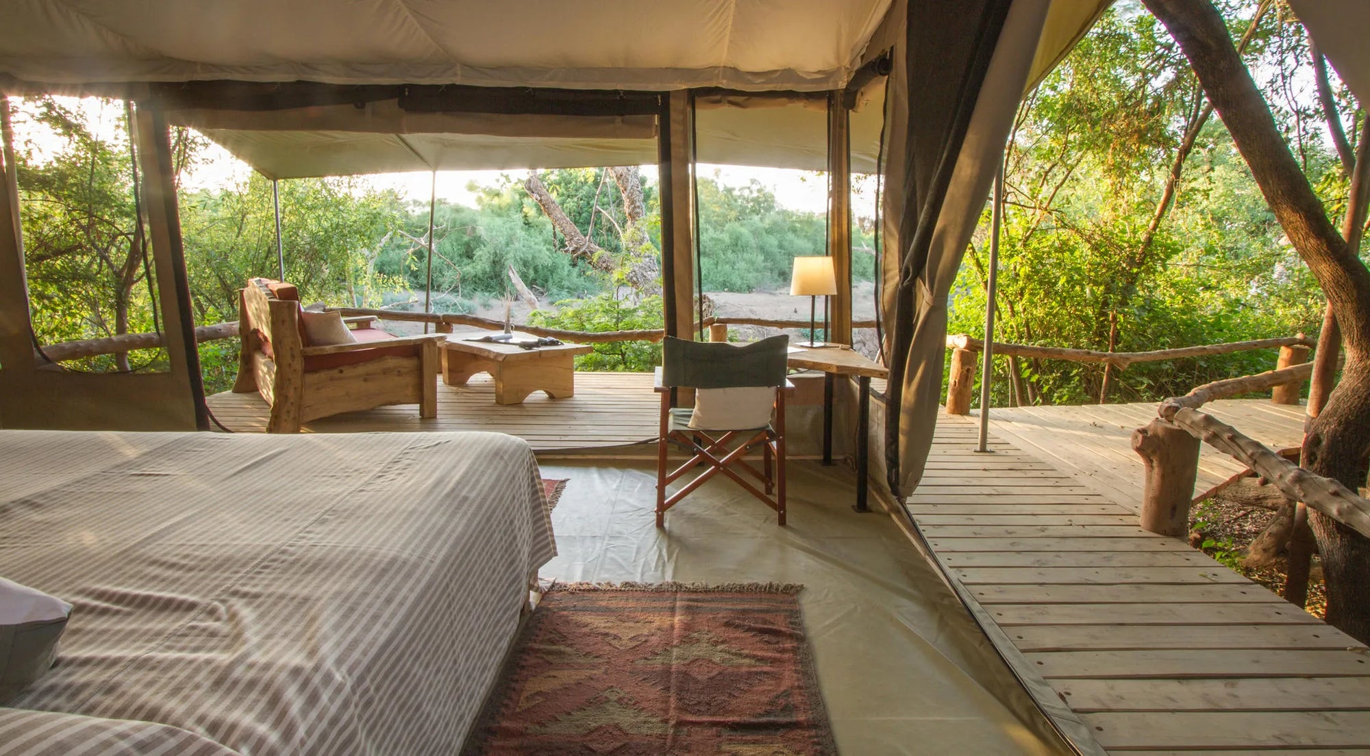 Open sided tents on decks at Shompole Wilderness, Shompole Conservancy, Kenya.