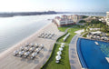 Private Beach at The Ritz-Carlton Abu Dhabi Grand Canal, Abu Dhabi, United Arab Emirates.