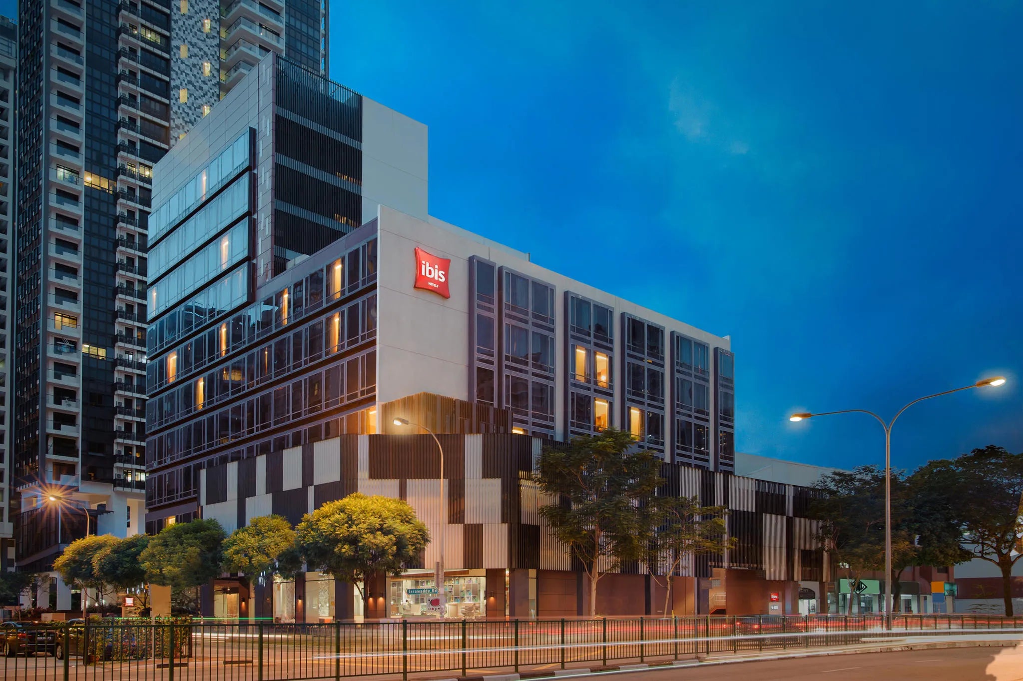 Facade (night shot) at Ibis Singapore Novena Hotel, Singapore City, Singapore.