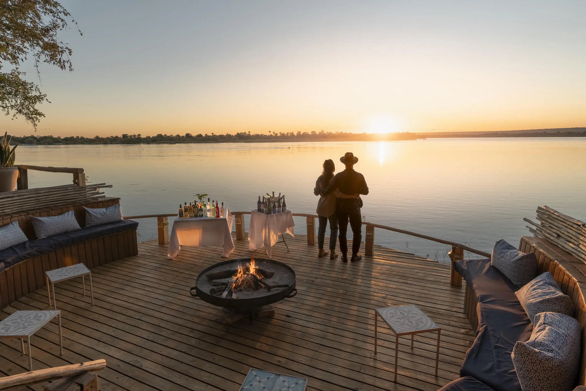 Main Area Sunken Sunset Deck & Fire Pit at Tongabezi Lodge, Victoria Falls (Zambia), Zambia.