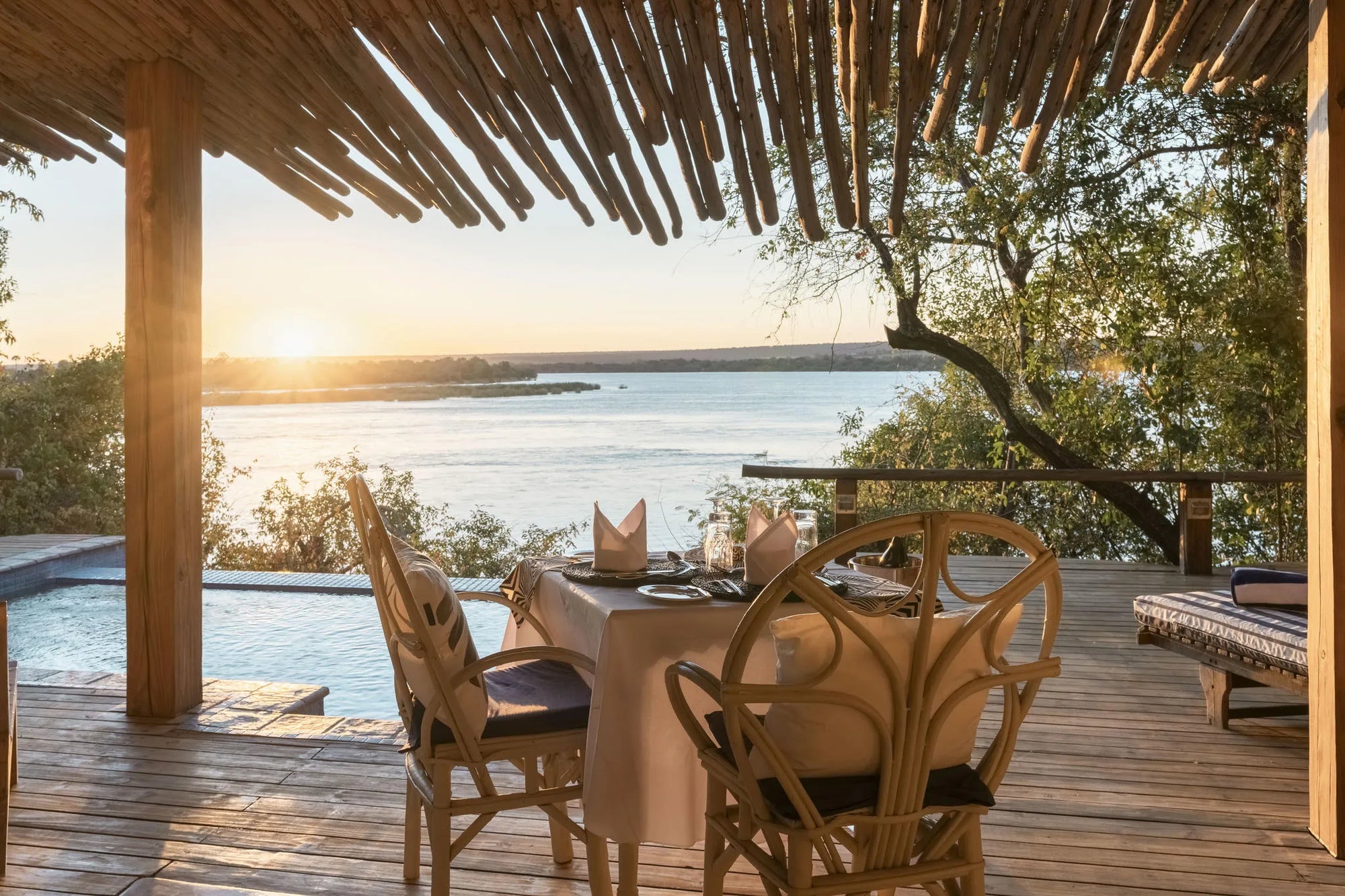 Nut House Views and Private Deck at Tongabezi Lodge, Victoria Falls (Zambia), Zambia.