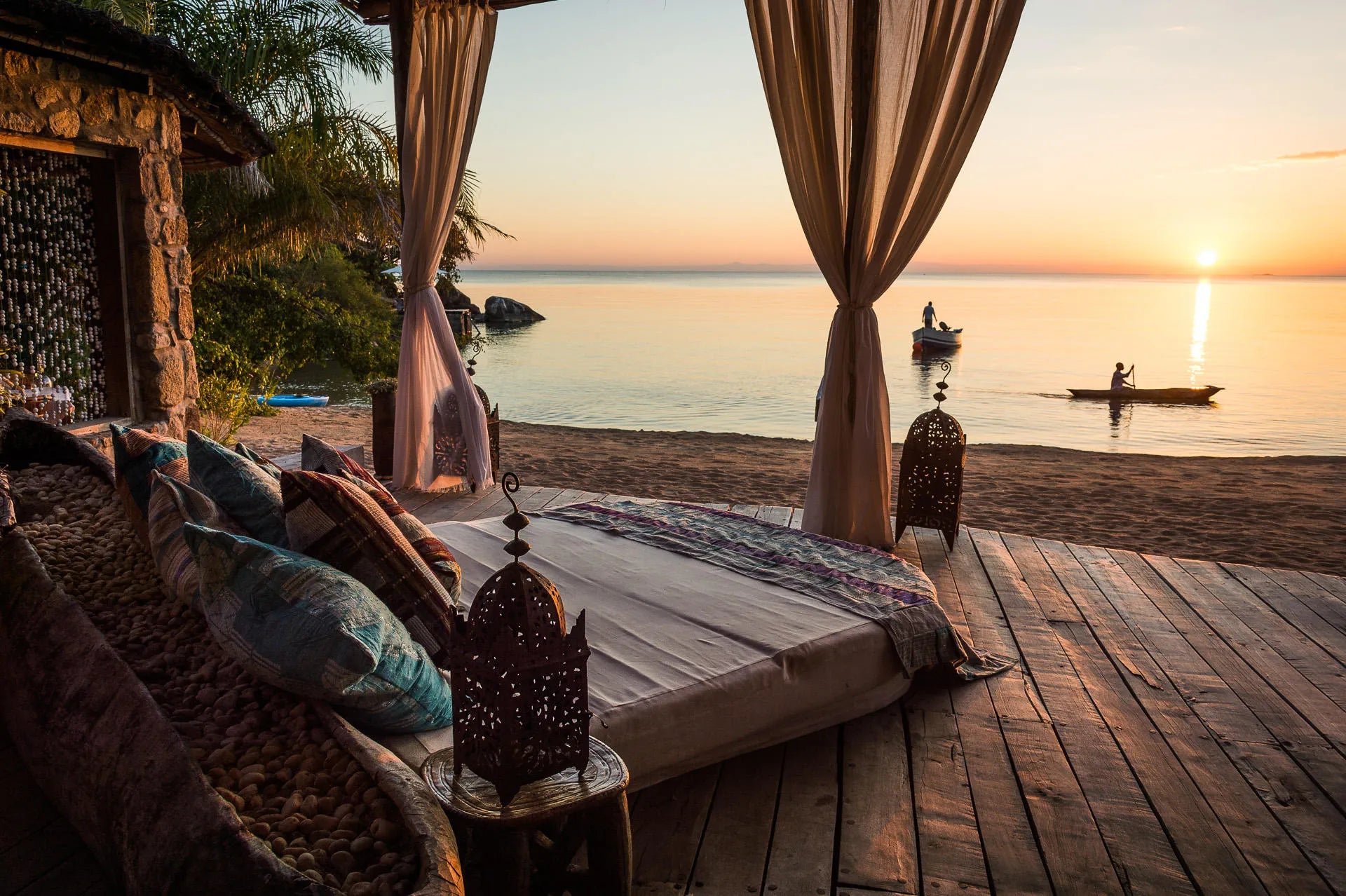 Kaya Mawa - Lounge at sunset at Kaya Mawa, Likoma Island, Malawi.