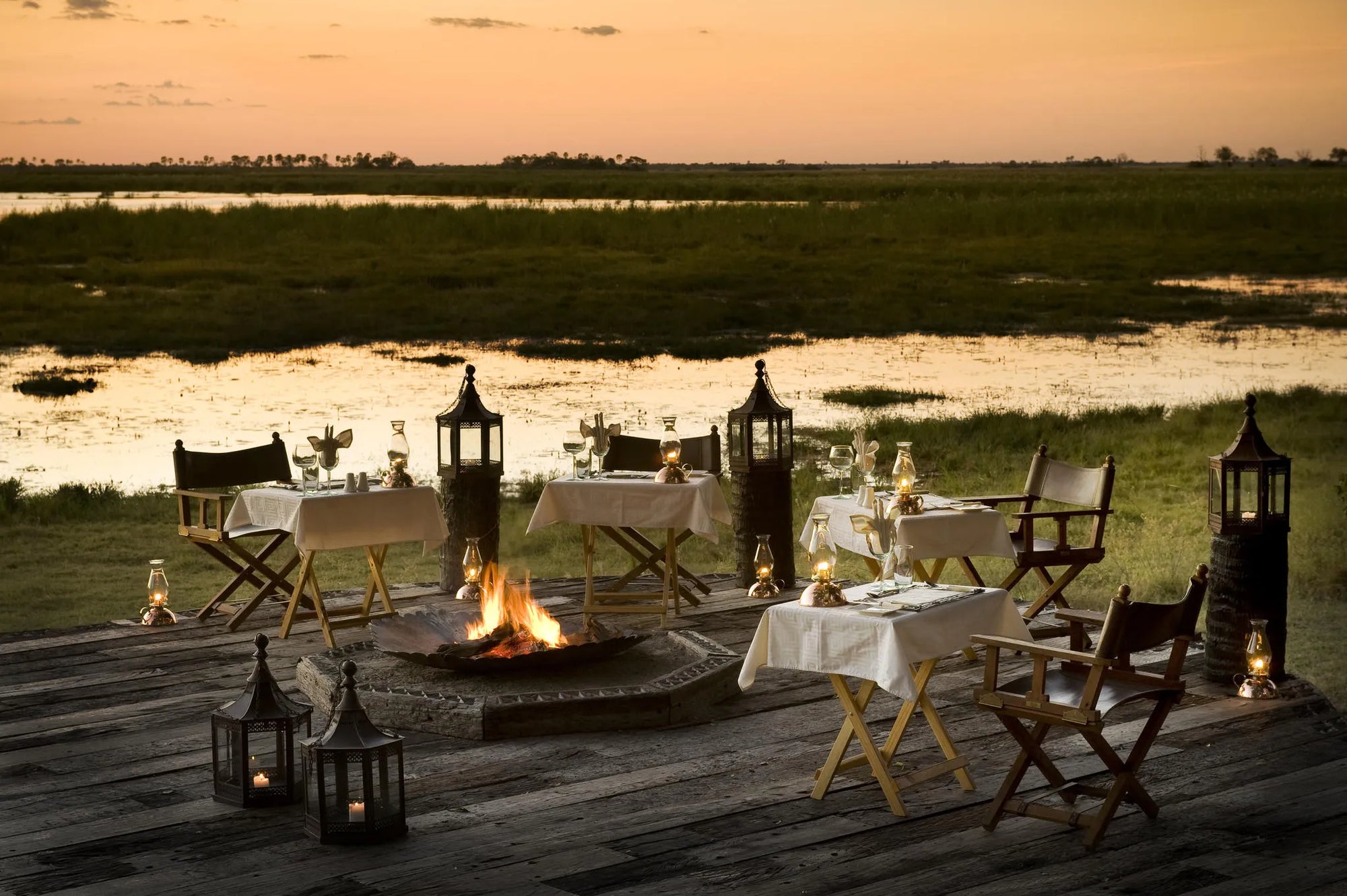 Zarafa Camp - deck overlooking the Zibadianja Lagoon at Zarafa Camp, Selinda Reserve, Botswana.