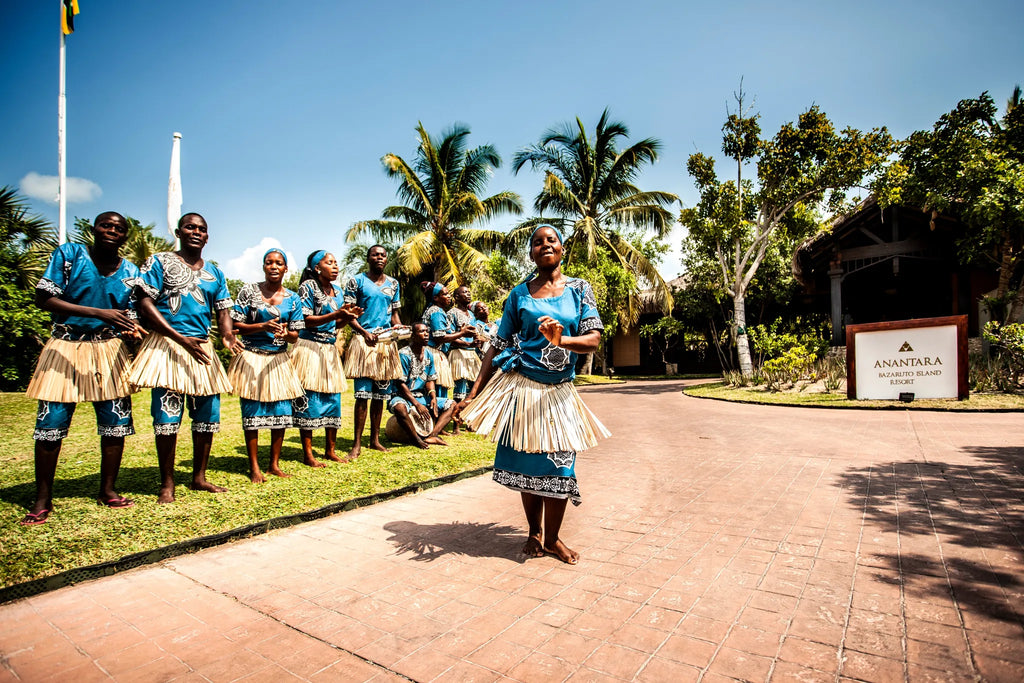 Traditional Welcome Dancers at Anantara Bazaruto Island Resort, Bazaruto Archipelago, Mozambique.