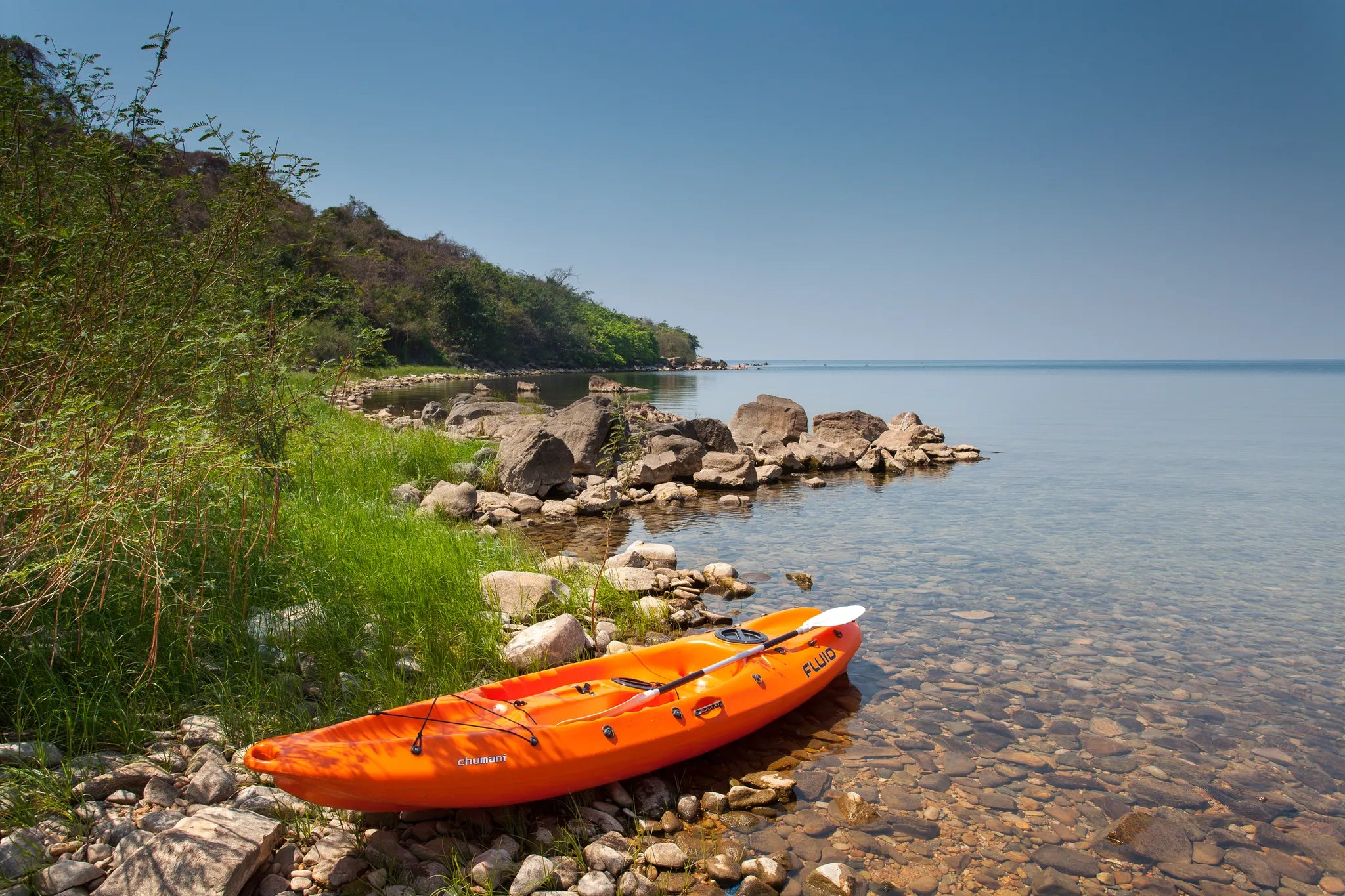 Kayaking at Blue Zebra Island Lodge, Nankoma Island, Malawi.