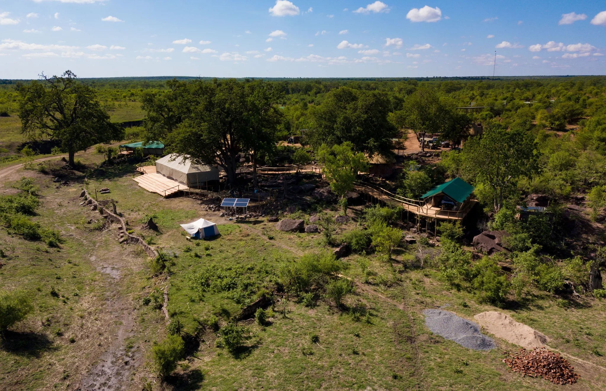 Aerial view of the camp at Deteema Springs Camp, Western Hwange National Park, Zimbabwe.