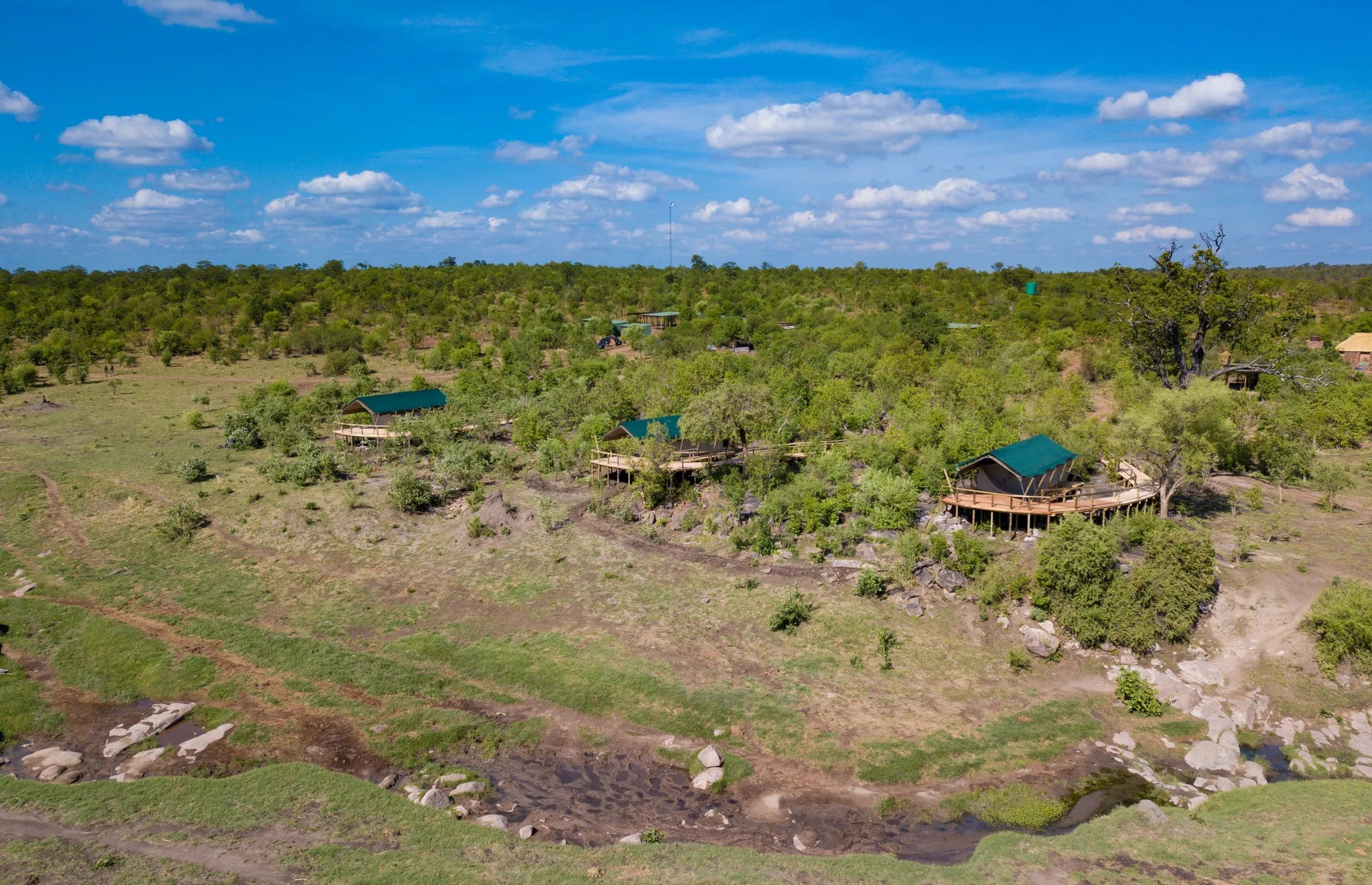 Aerial view of the camp at Deteema Springs Camp, Western Hwange National Park, Zimbabwe.