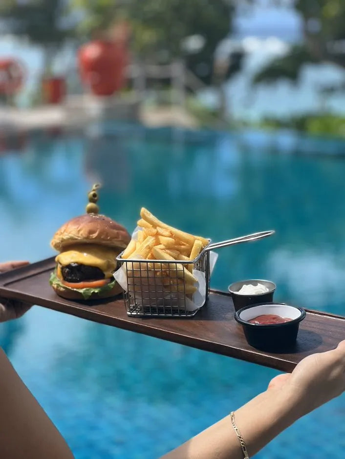 Pool side food at DoubleTree by Hilton Seychelles Allamanda Resort and Spa, Mahe Island, Seychelles.