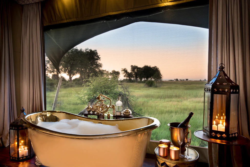 Duba Plains Guest Suite Brass Bath at Duba Plains Camp, Duba Plains Private Reserve, Botswana.