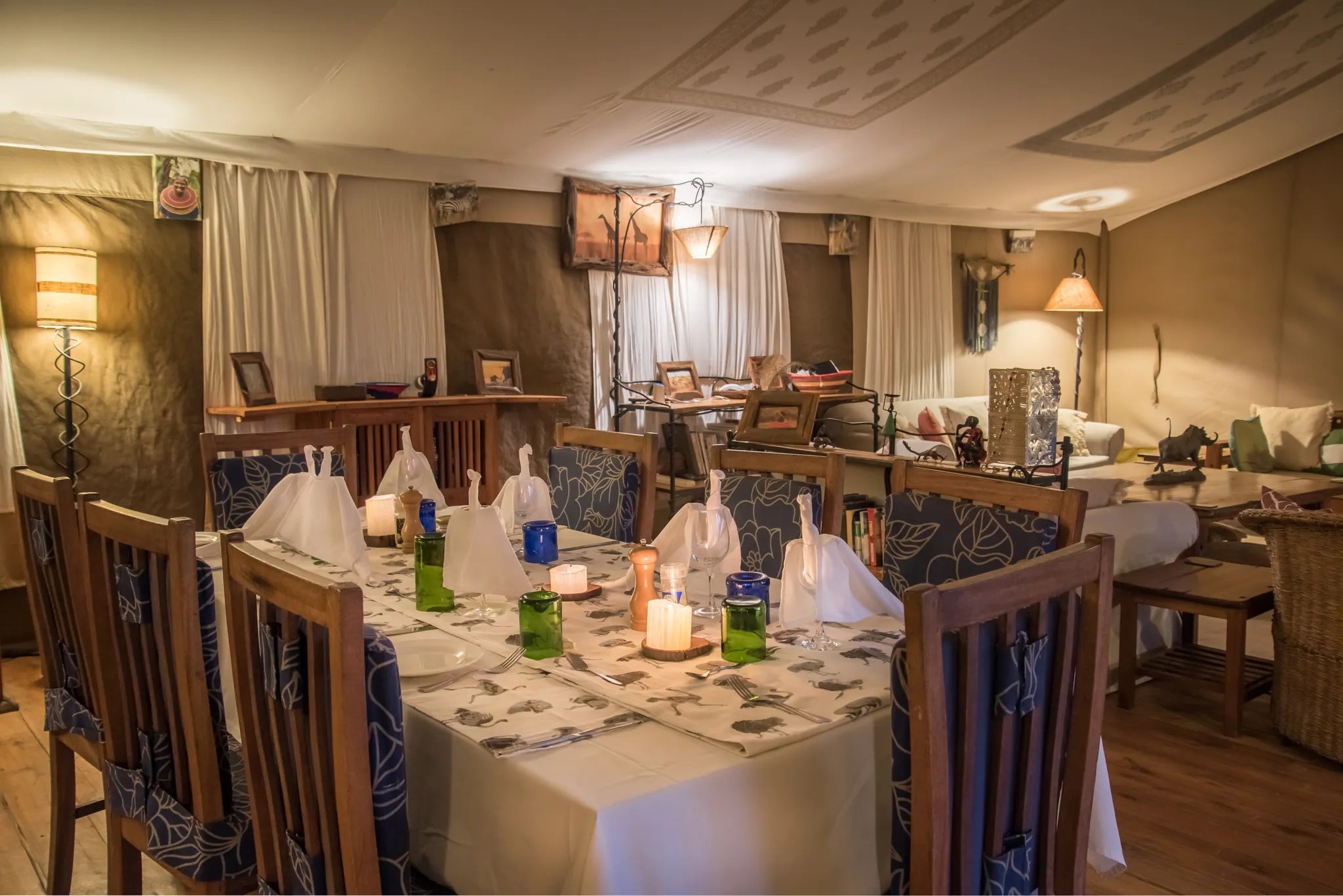 Dinner in the Mess tent at Ekorian’s Mugie Camp, Mugie Wildlife Conservancy, Kenya.